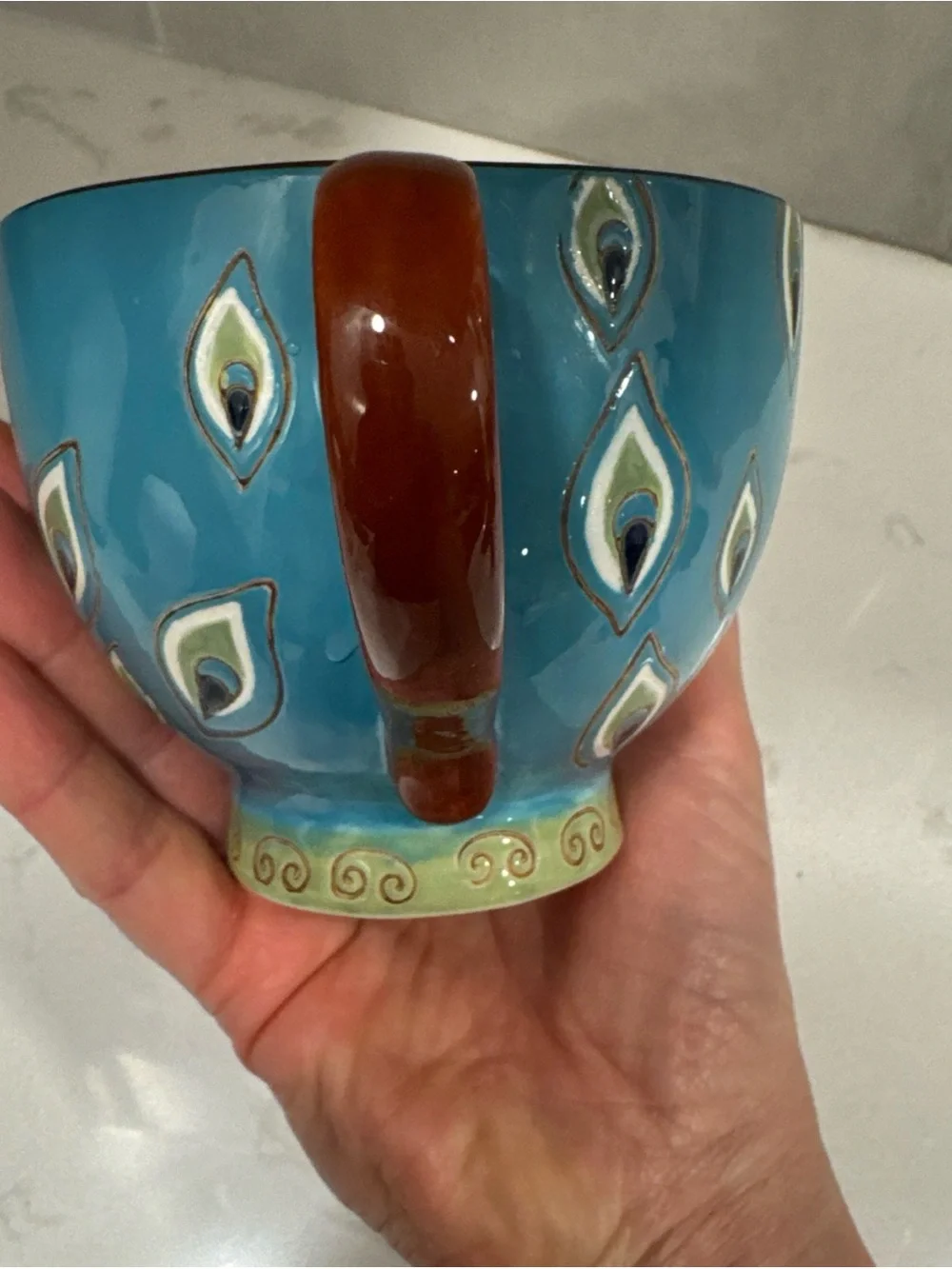 Pier 1 Turquoise Peacock Feather Ceramic Tea Cup with Brown Handle hand painted